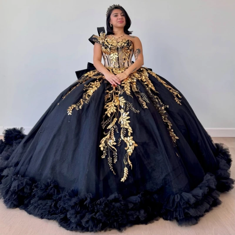 

Black Shiny Ball Gown Quinceanera Dresses Gold Applique Lace Beading Crystal Bow Tiered Tull Corset Off The Shoulder Sweet 16