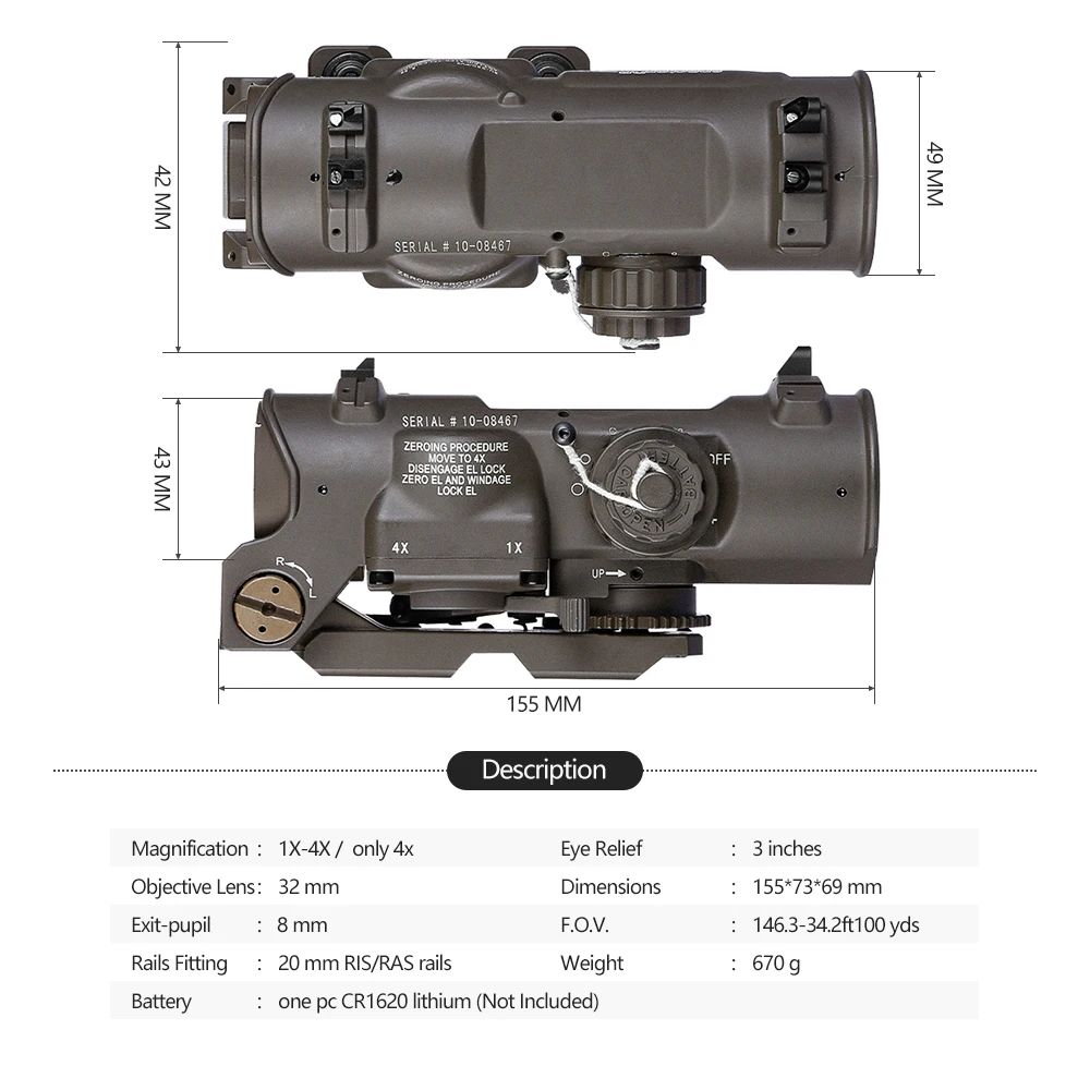 Tactical Rifle Scope 1x-4x Fixed Dual Purpose Scope Red Illuminated Red Dot Sight for Rifle Hunting Shooting with Rubber Covers