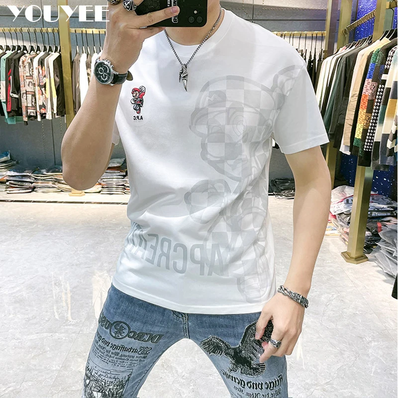 T-shirt Men\'s Summer New Loose Personalized Cartoon Printing Embroidery Fashion Brand Casual Round Neck Male Top Man Clothing