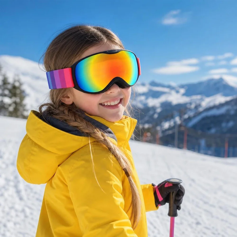 Kids Snowboard Goggles Ages 7-14 Double Layer Anti-Fog UV400 Myopia Compatible Ski Goggles for Children Snow Sports Glasses