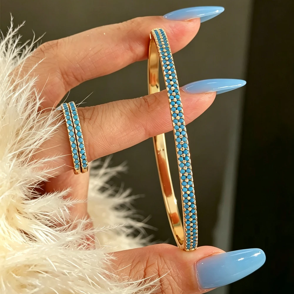 ZAKOL 3-teiliges Set: Auffälliges Doppelreihiges Rundes CZ-Armband und Ringe für Damen, Exquisiter Türkis-Zirkon-Schmuck, Einfaches Schmuckgeschenk – Detail 2