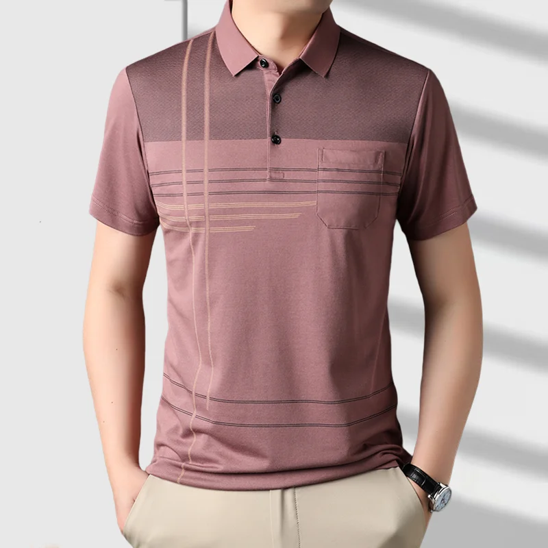 Summer Men Short Sleeve Striped Polo Shirts Streetwear Fashion Business T-Shirt Koreon New Male Clothes Pockets Loose Casual Top