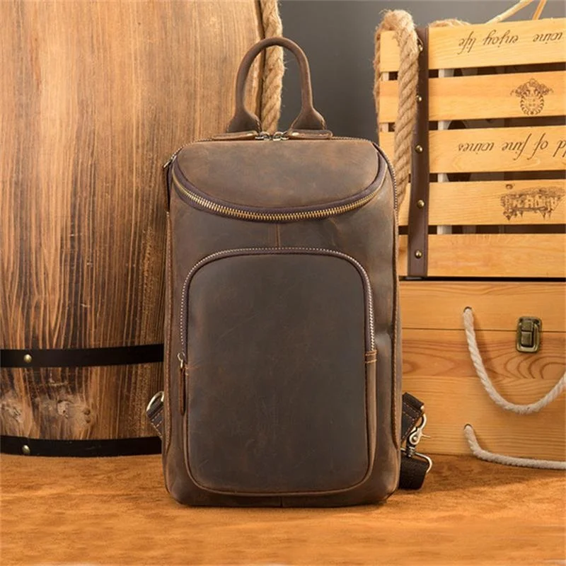 Men Leather Bagpack Shoulder Cross Body Chest Bag Genuine Leather Cowskin Chest Pack For Outdoor Travel Messenger Bag Riding