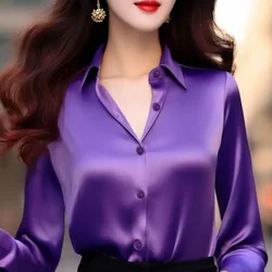 Spring Autumn Women's Solid Polo-Neck Blouses Button Up Elegant Loose Long Sleeve Clothes Office Ladies French Black Shirt Tops