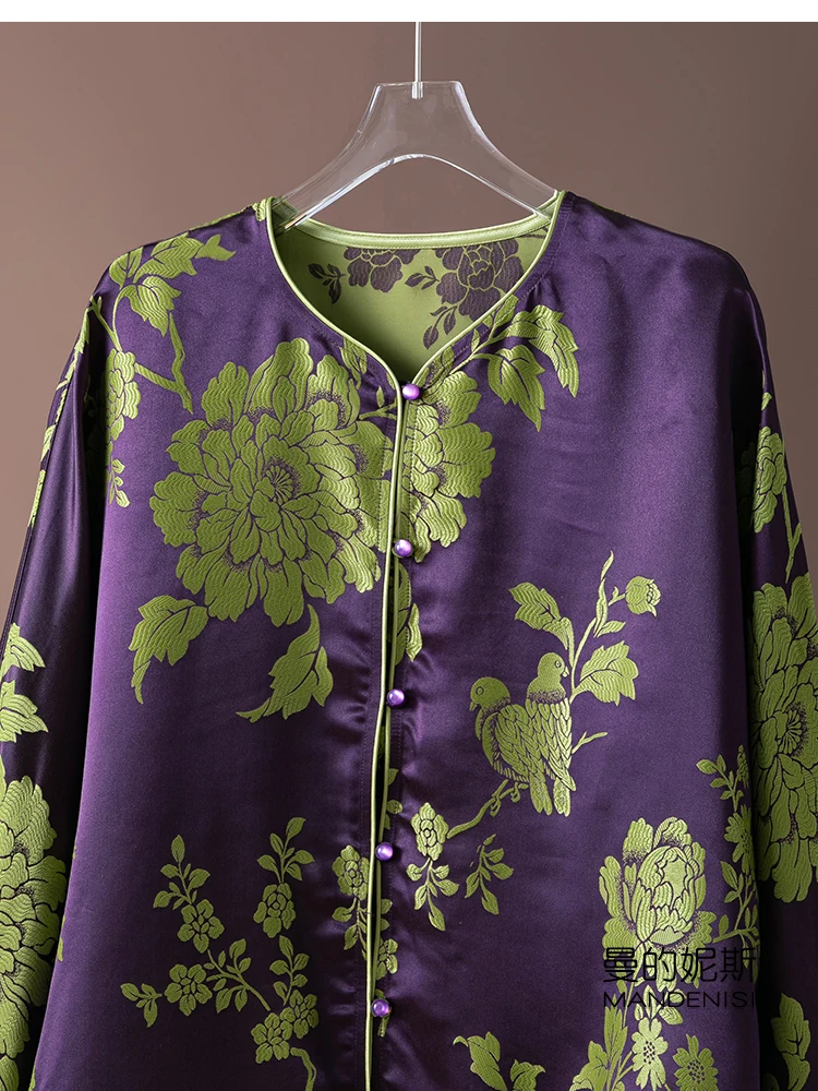 Modna i piękna koszula żakardowa z satyny, naturalny jedwab morwowy z połyskiem, kurtka w stylu chińskim, przyjazna dla skóry.