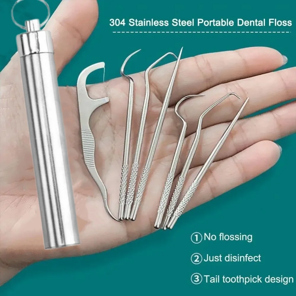 7-teiliges Set – Edelstahl-Zahnstocher-Set, Zahnseide, wiederverwendbare Zahnstocher, tragbarer Zahnstocher, Zahnseide, Zahnreiniger, Mundreinigung