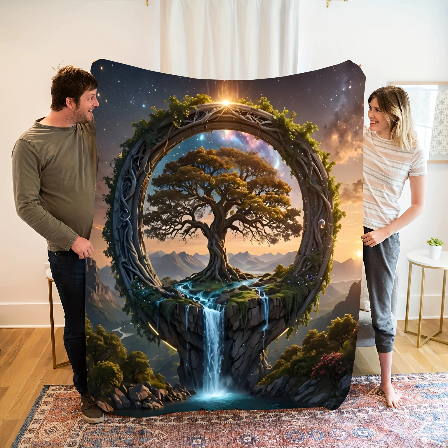 Mystic Forest Tree of Life Waterfall Flannel Blanket - Bohemian Style Fantasy Nature Print, for Home Decor, Camping, Travel