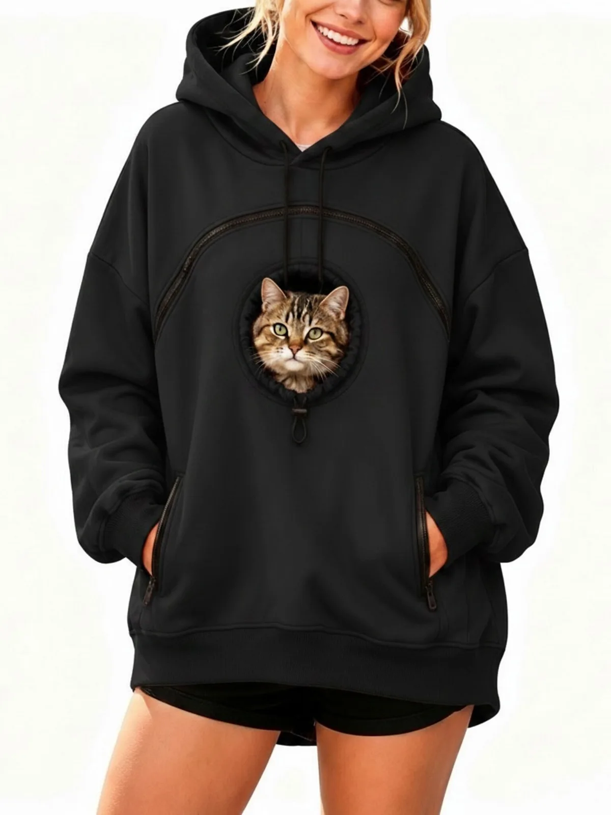 Personalized LOGO Customized Women's Hooded Pet Cat Pocket Casual Sweater Zipper Long Sleeve Hooded Fleece Top