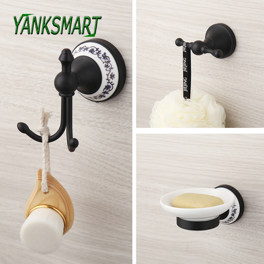 

YANKSMART Black Bathroom Towel Hook Brass Wall Mounted Robe Coat Hanger Stainless Steel W/ Ceramics Hardware Accessories Set