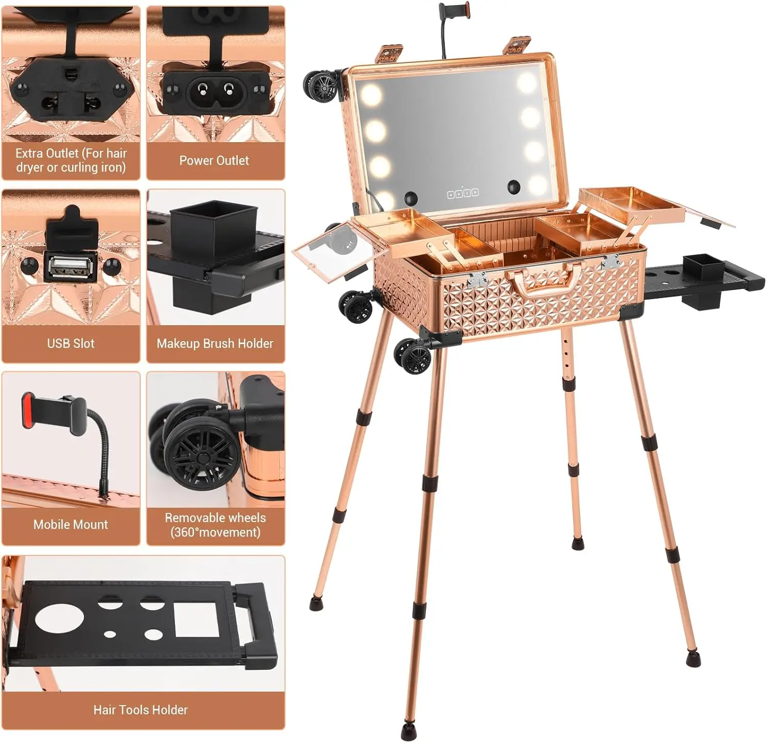 Mirror and Bluetooth Speaker Professional Cosmetic Organizer Case with Wheels, Stands Portable Makup Station Vanity view 3