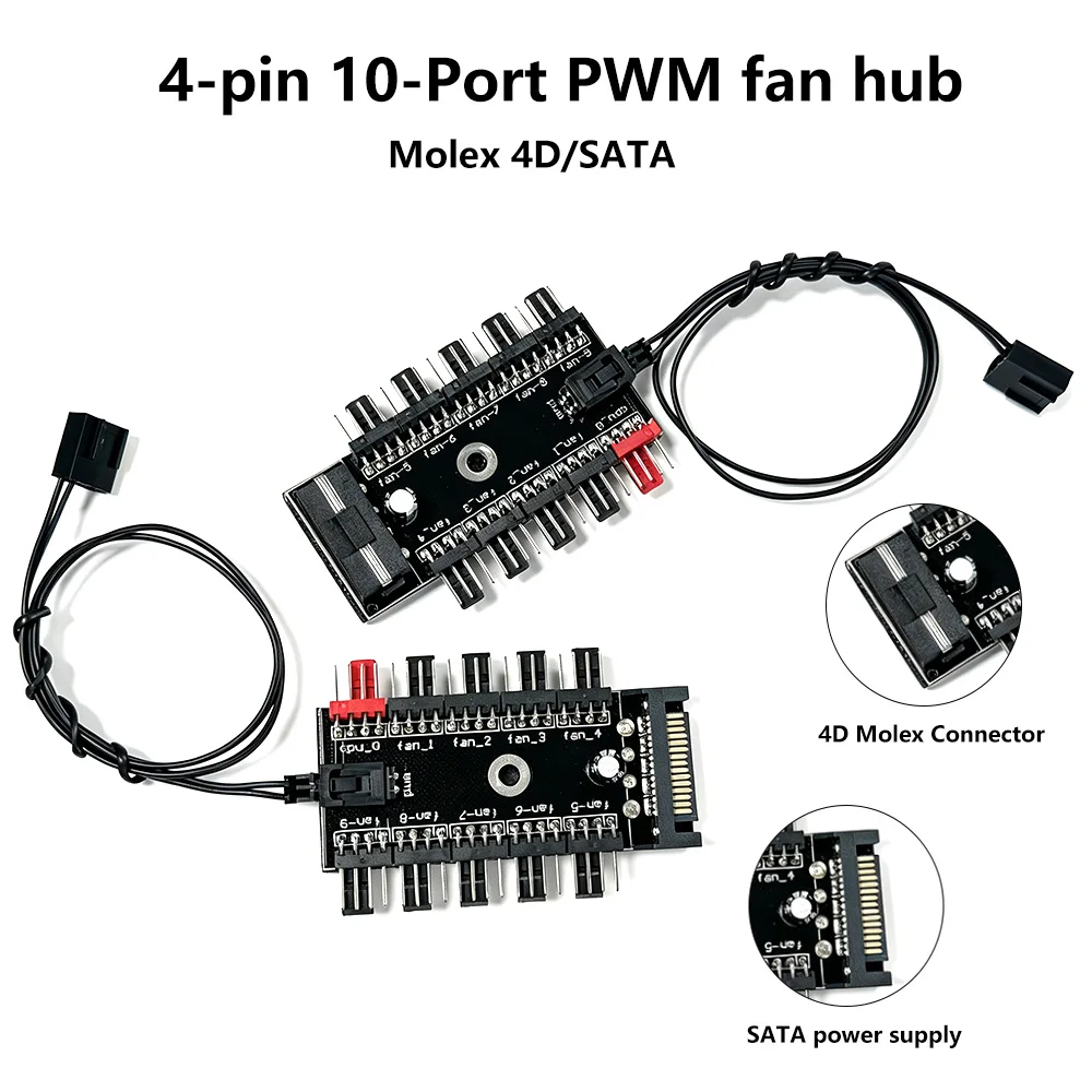 10-Port 4 Pin PWM Fan Hub Splitter, Molex 4D & SATA Dual Power Supply PC Case Cooling Fan Speed Controller