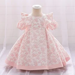 Pink Floral Baby Dress Ruffle Sleeve Puffy Bow Party Dresses For Girls Autumn Christmas One Piece Kids Toddler Clothes 0 to 12M