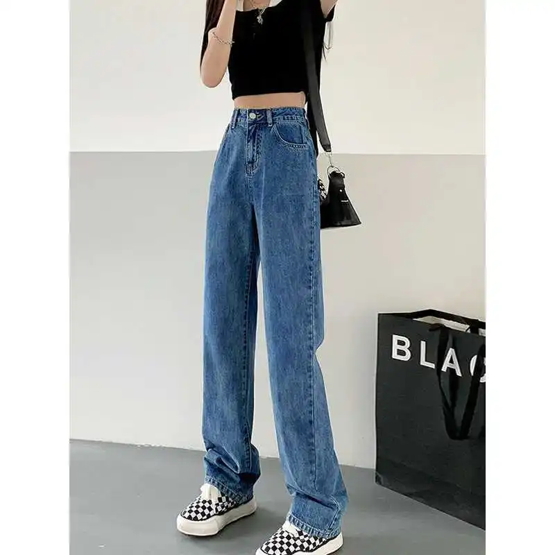 

High Waist Straight Leg Jeans Women Summer New Sle Loose Fit Blue Cleanfit No Brand PU Material Mid-aged plus Size Medium S...