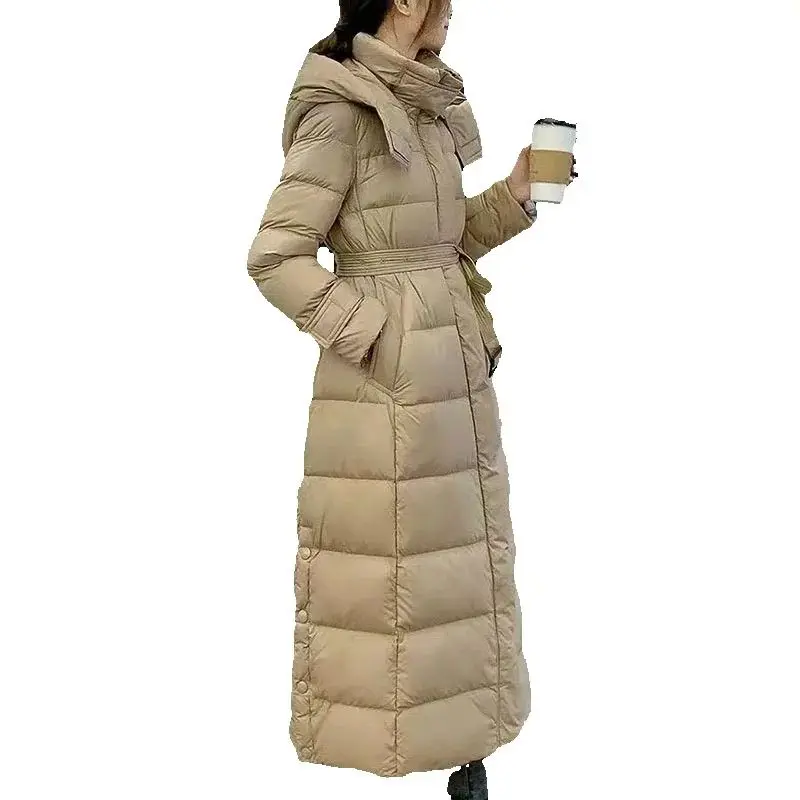 2025 New Black Winter down Jacket For women Medium long Korean version Slim Waist cinching Slimming Over knees Hooded Warm Coats