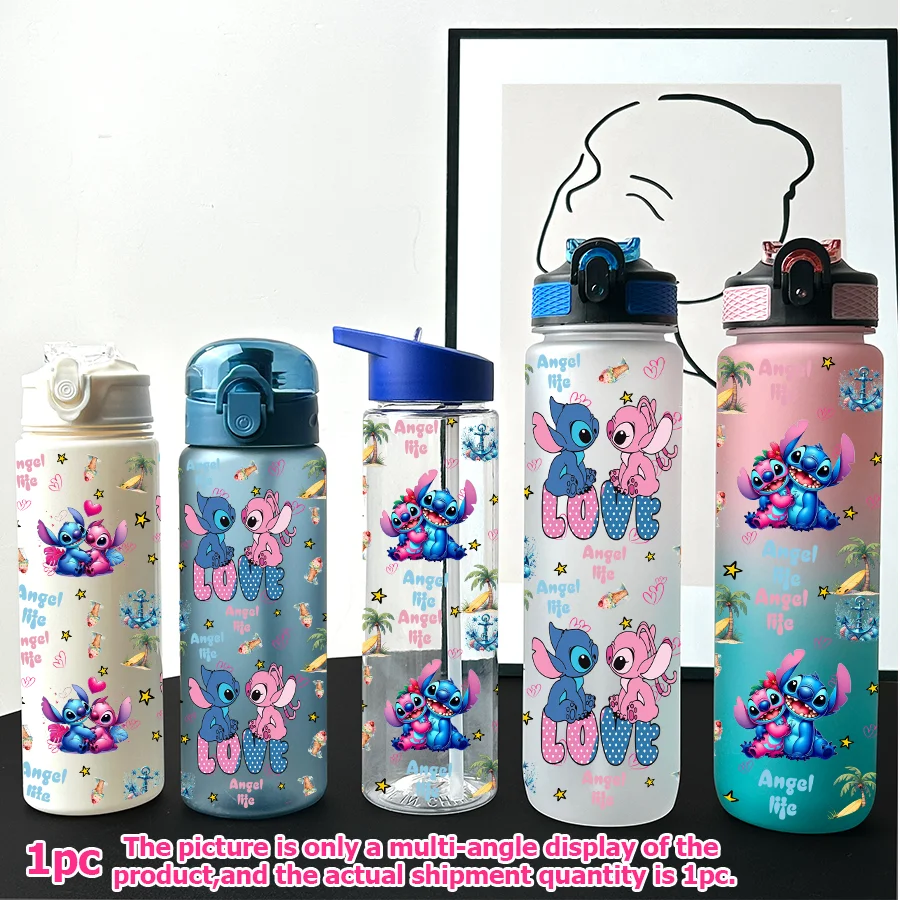

1 шт., мультипластиковая бутылка для воды Disney Stitch Angel с принтом 23-32 унций, портативная спортивная чашка для воды, подарок на день рождения