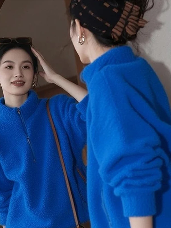 Klein Blue Fce Stand Collar Sweatirt Unique Sli Top Durable Zipper Closure Long Sve Korean Sle Comfortable Fit