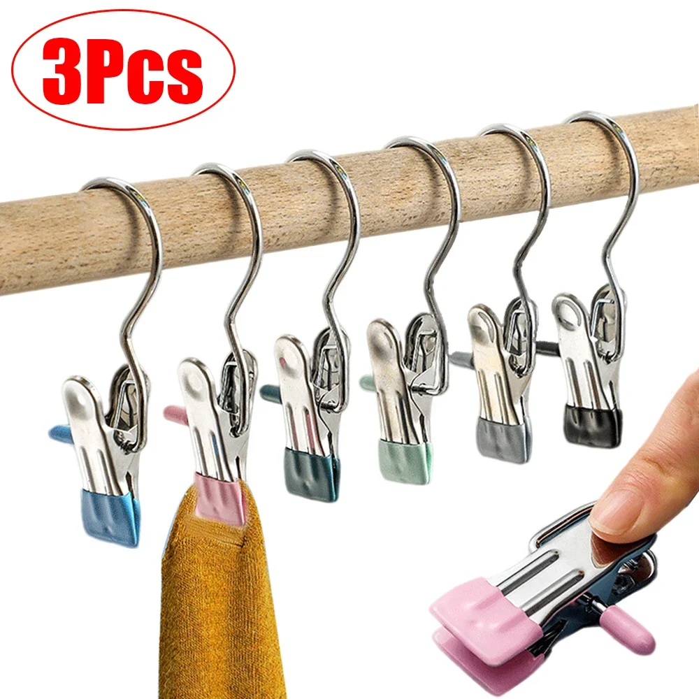 3/1Pcs Stainless Steel Clothespin Multi-purpose Clothes Drying Clips With Hook Sturdy Windproof Clothes Pegs Socks Towel Hanger