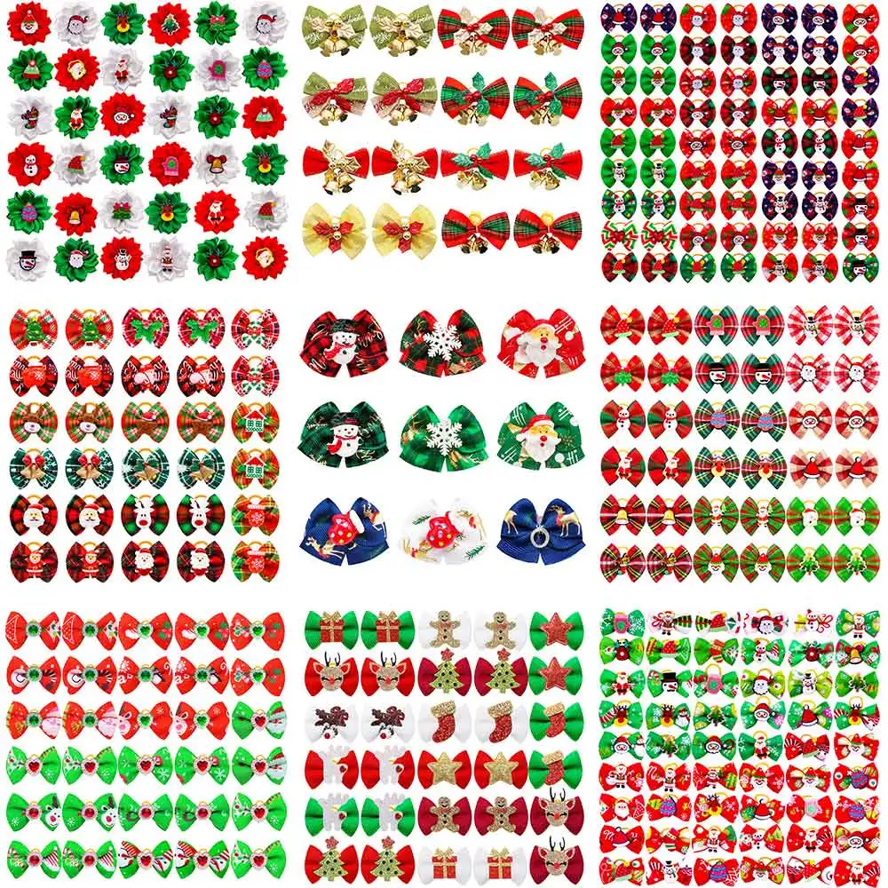 

50/100PCS Christmas Dog Bows With Rubber Bands Winter Puppy Bows Party Small Dog Hair Flower Multi-style Pet Supplies For Dogs