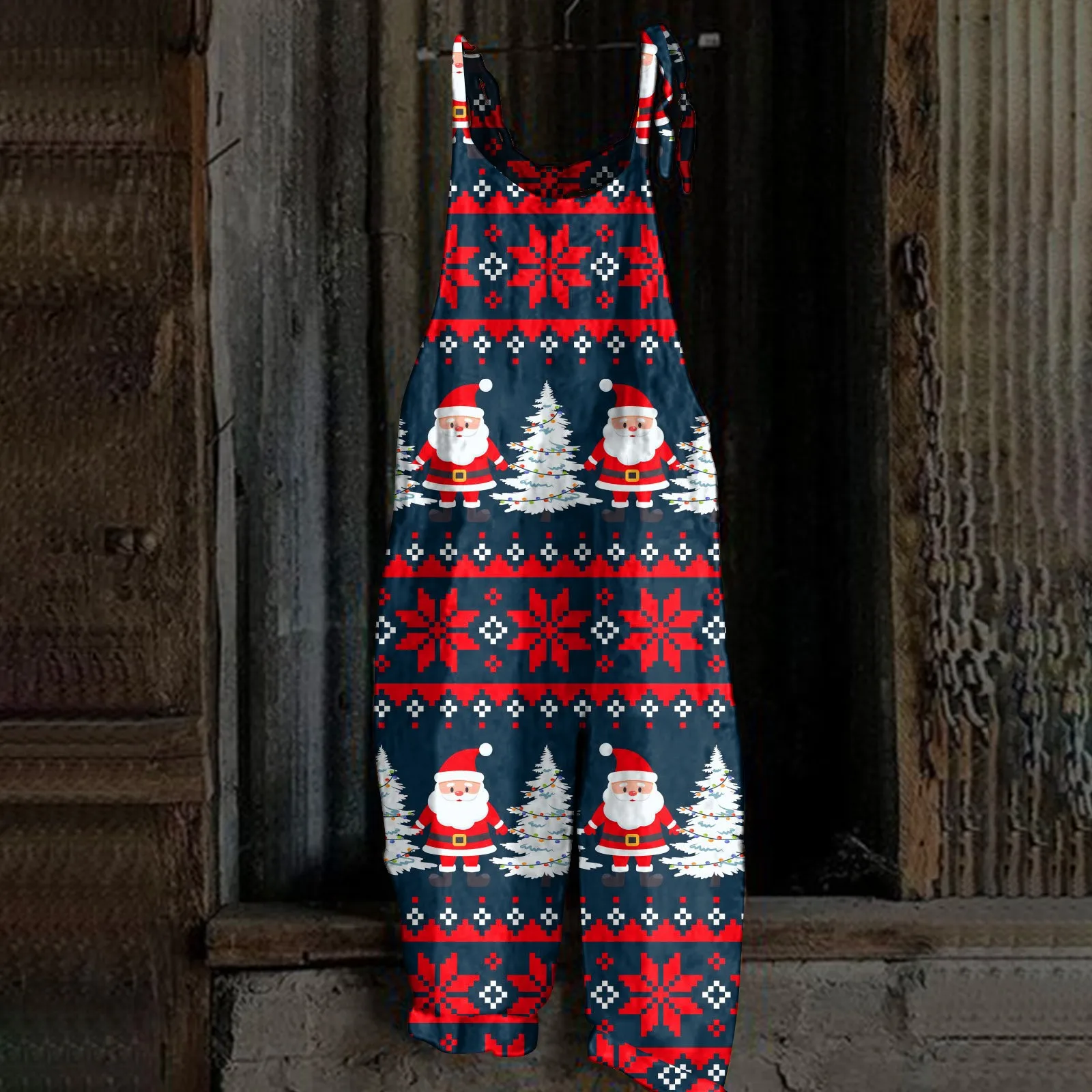 

S-3xl Sleeveless Jumpsuit For Women Christmas Printed Loose Versatile Sling Rompers Wide Leg Adjustable Suspender Jumpsuit