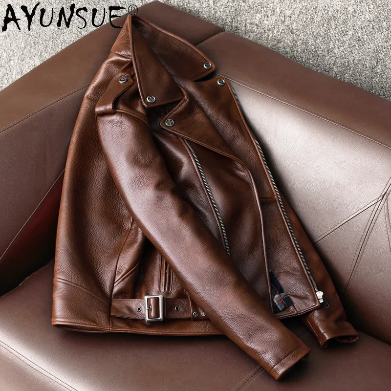 AYUNSUE Echtes Kuh Leder Jacke Männer Kleidung Motorrad Schaffell Mantel Herbst Frühling Brown Biker Jacke für Männer Stil 2021 KJ