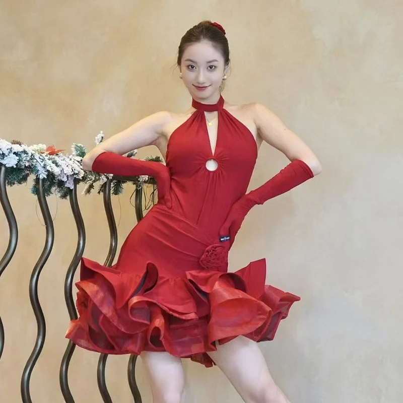 New Women Red Latin Dance Dress Performance Dance Clothes Cha Cha Rumba Dance Costume Prom Club Latin Competition Dress DNV22305