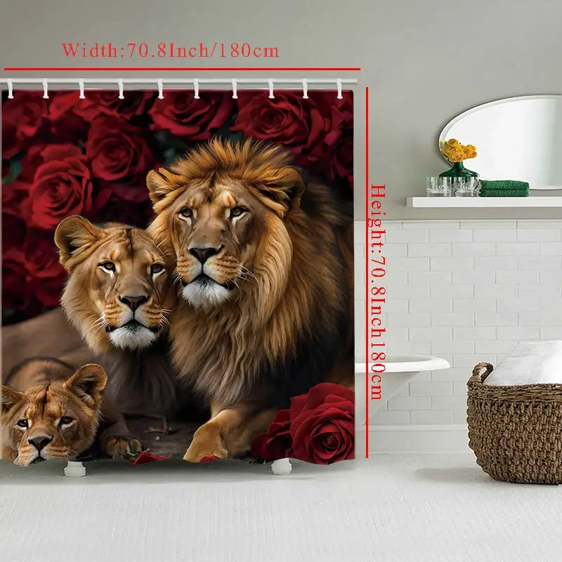 Valentine\'s Day Flower Animal Lion Rose Bathing Curtain  Bathroom Shower Curtain Waterproof With 12 Hooks Home Deco Free Ship