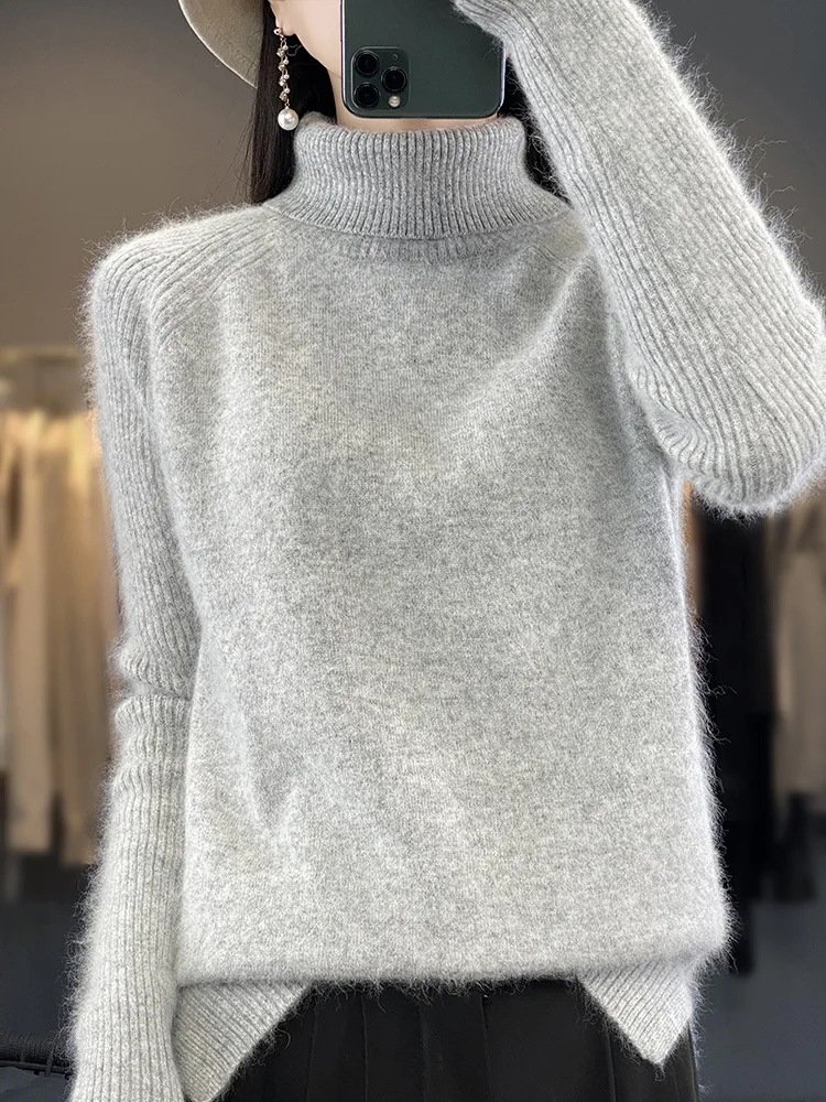 Jersey de manga larga con cuello alto para mujer, ropa básica para primavera y otoño, 100% de punto de Cachemira de visón, Tops suaves y cálidos