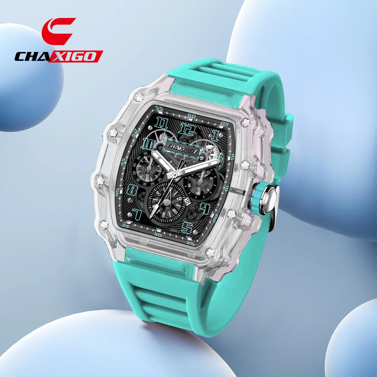 

CHAXIGO 035 Hot Selling 3D Fashion Trend Quartz Watch Men Transparent Colorful Wine Barrel Shape Automatic Date Watches for Man