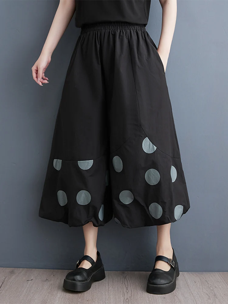 

Женские винтажные широкие брюки в горошек, черные повседневные свободные брюки с высокой эластичной талией, модная уличная одежда на лето 2024