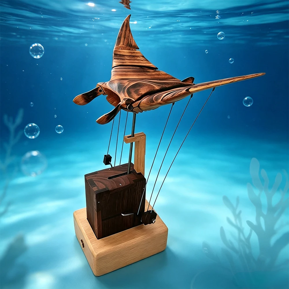Handmade Wooden Electric Bionic Manta Ray Ornament,Mechanical Manta Ray Automaton with Lifelike Swimming Motion Desk Home Office
