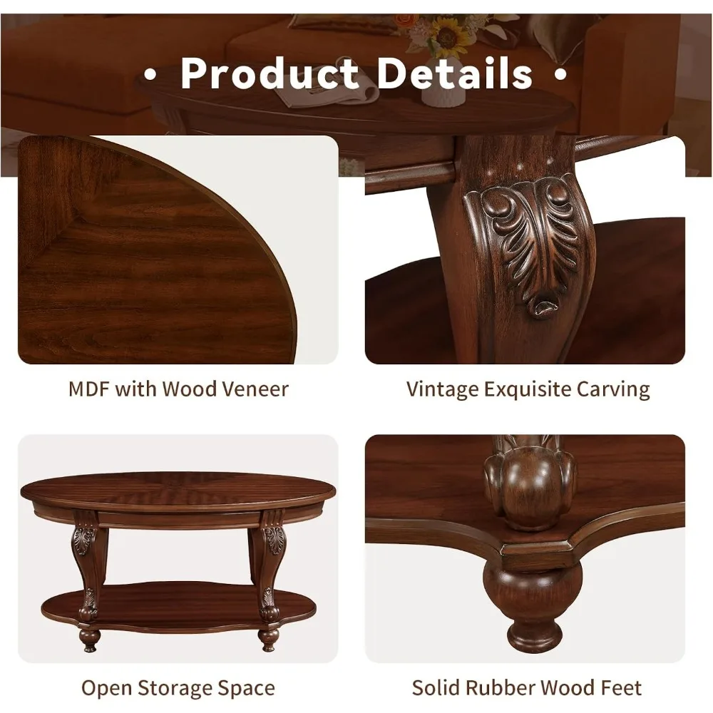 Farmhouse Style Oval and Round Coffee Table Set with Storage Shelf for Living Room, Antique Elegant Design