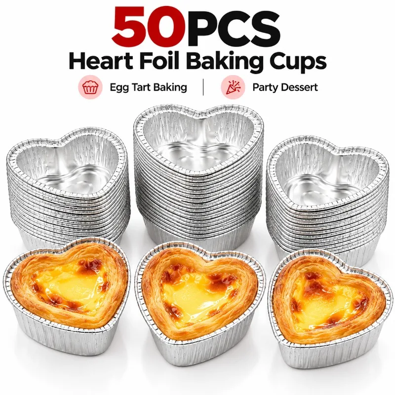 20/50/100PCS Heart Shaped Foil Baking Cups Disposable Egg Tart Cake Mold Valentines Day Wedding Party Dessert Baking Supplies