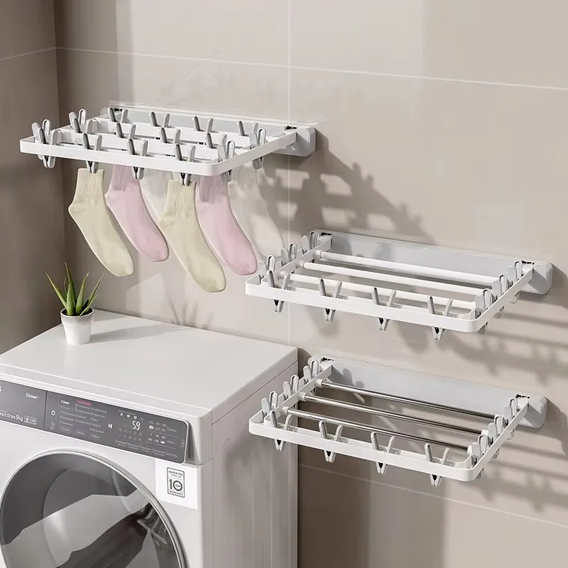 Folding Drying Rack Wall Mounted Clothes Hanger Drying Clip Windproof Sock Clip Multi Functional Towel Hanger Space Saving