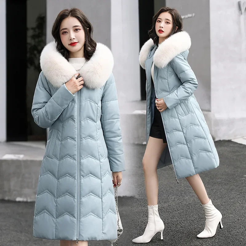 Winter Leather Jacket Women Mid-length 90% White Duck Down Coat Slim Warm Fox Fur Collar Elegant Puffer Jackets Womens Clothing