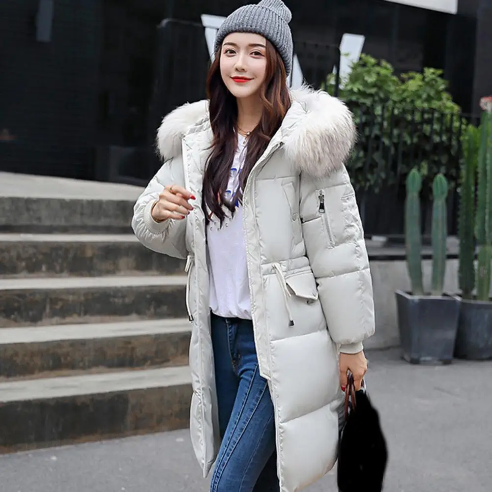 Winter Women Jacket with Furry Hood Thickened Padded Down Coat Drawstring Waist Zipper Closure Mid Length Windproof Cotton Coat