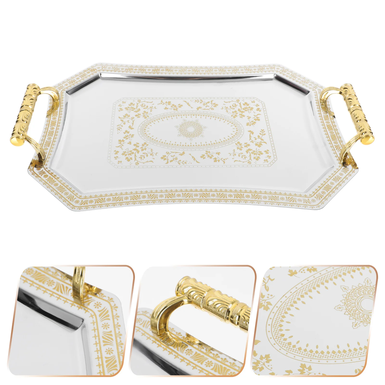 1 Golden Stainless Steel Tray 35.7x25cm Elegant Retro European Style Decorative Cake Dessert Serving Plate for Home Decor