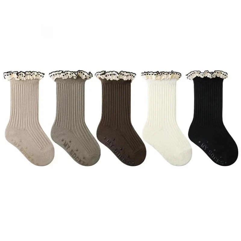 Kids Girl Calf Sock Cute Princess Heart Ruffle Non-slip Floor Sock for Children Spring Autumn Soft Cotton Sock