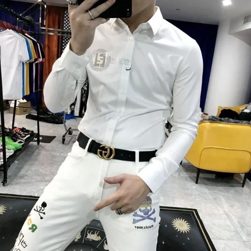 Men's clothing spring and autumn high quality y2k letters hot drilling long sleeve shirt handsome slim shirt