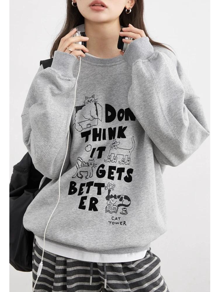 Chique ven pulôveres femininos de manga comprida solto casual o pescoço de pelúcia impresso feminino topo estilo preppy outono inverno 2025