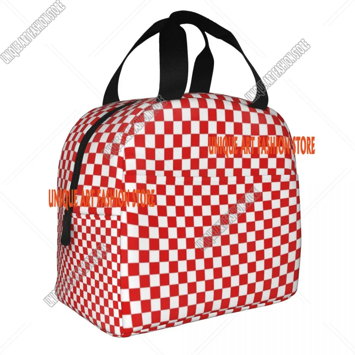 Custom Checkerboard Plaid Portable Lunch Box Women Waterproof Red And White Checker Thermal Cooler Food Insulated Lunch Bag