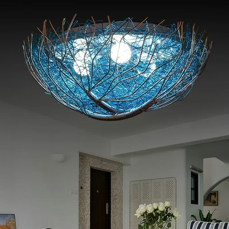 

Creative blue bird nest ceiling lamp children's room bedroom Mediterranean style lighting restaurant lighting warm romantic