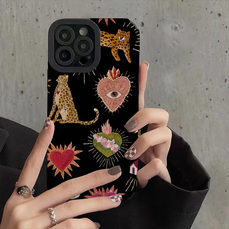 Heart Shaped Leopard Phone Cases for Iphone 11 Iphone 16 Pro Max Iphone 13 Pro Max Iphone 14 Pro Max Iphone 15 Pro Max Case