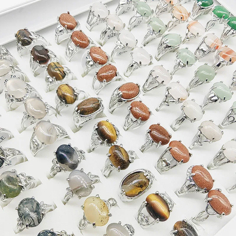 20 teile/los Großhandel Bunte Oval Naturstein Finger Ringe Für Frauen Böhmen Mix Stil Silber Farbe Hohl Legierung Metall Schmuck – Detail 11