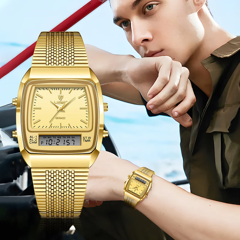 2023 uhr Für Männer Digitale Doppel Display Casual Mode Edelstahl Gold 30 M Wasserdicht Quarz Armbanduhren Uhr relogio