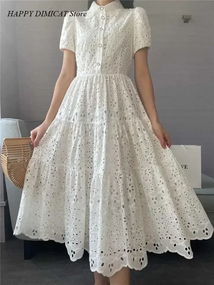 Sundress Boho 패션 라인 Vestidos Elbise Frocks 빈티지 우아한 여성 여름 자수 중공 미디 롱 드레스 레이디