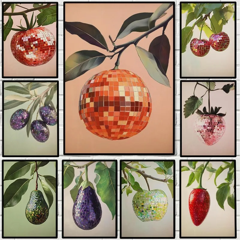 Винтажный забавный постер с фруктами и диско-шаром, оранжевая груша, вишня, холст, картина с цитрусовыми, настенное искусство для кухни, гостиной, домашний декор