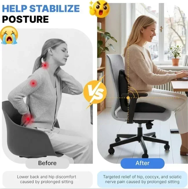 Ergonomisches, geschwungenes Sitzkissen aus Memory-Schaumstoff zur Entlastung von Ischiasdruck, zur Haltungskorrektur, geeignet für Büro, Zuhause, Auto und Rollstuhl. – Detail 7