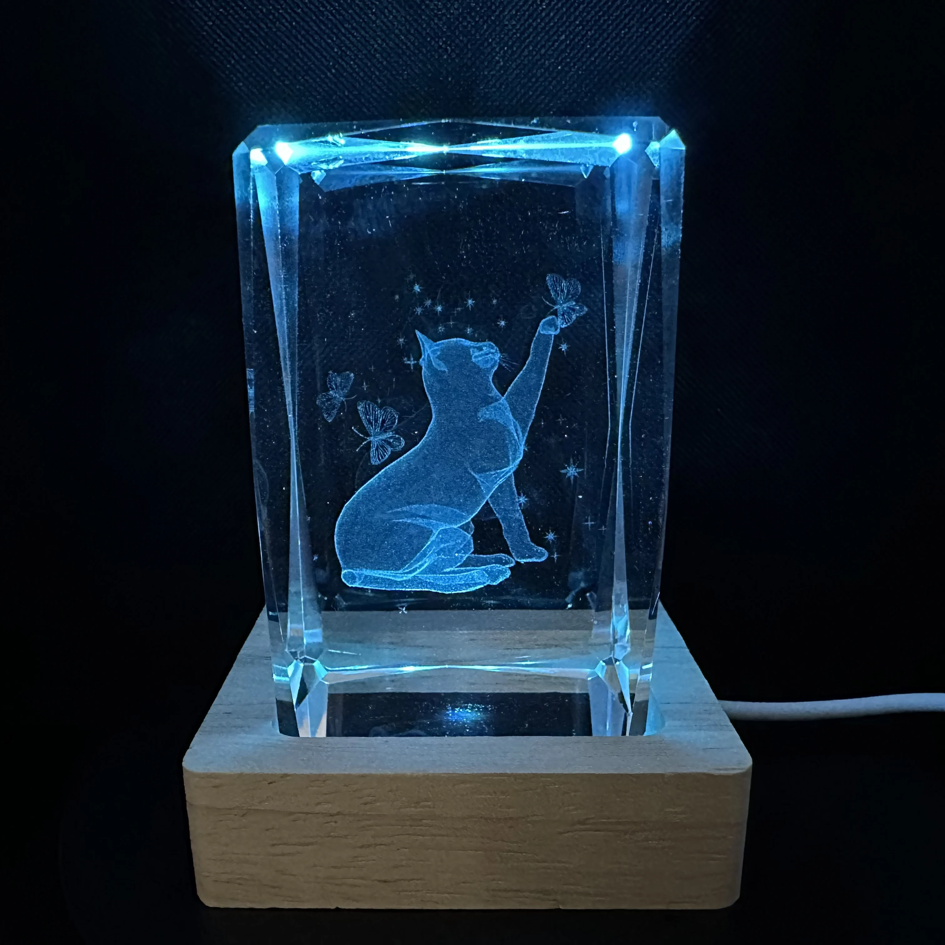 Cat Scratch Butterfly Gift Crystal LED Night Light Strip Base, Glass Decorative Gift, Suitable for Bedroom, Living Room, Birthda