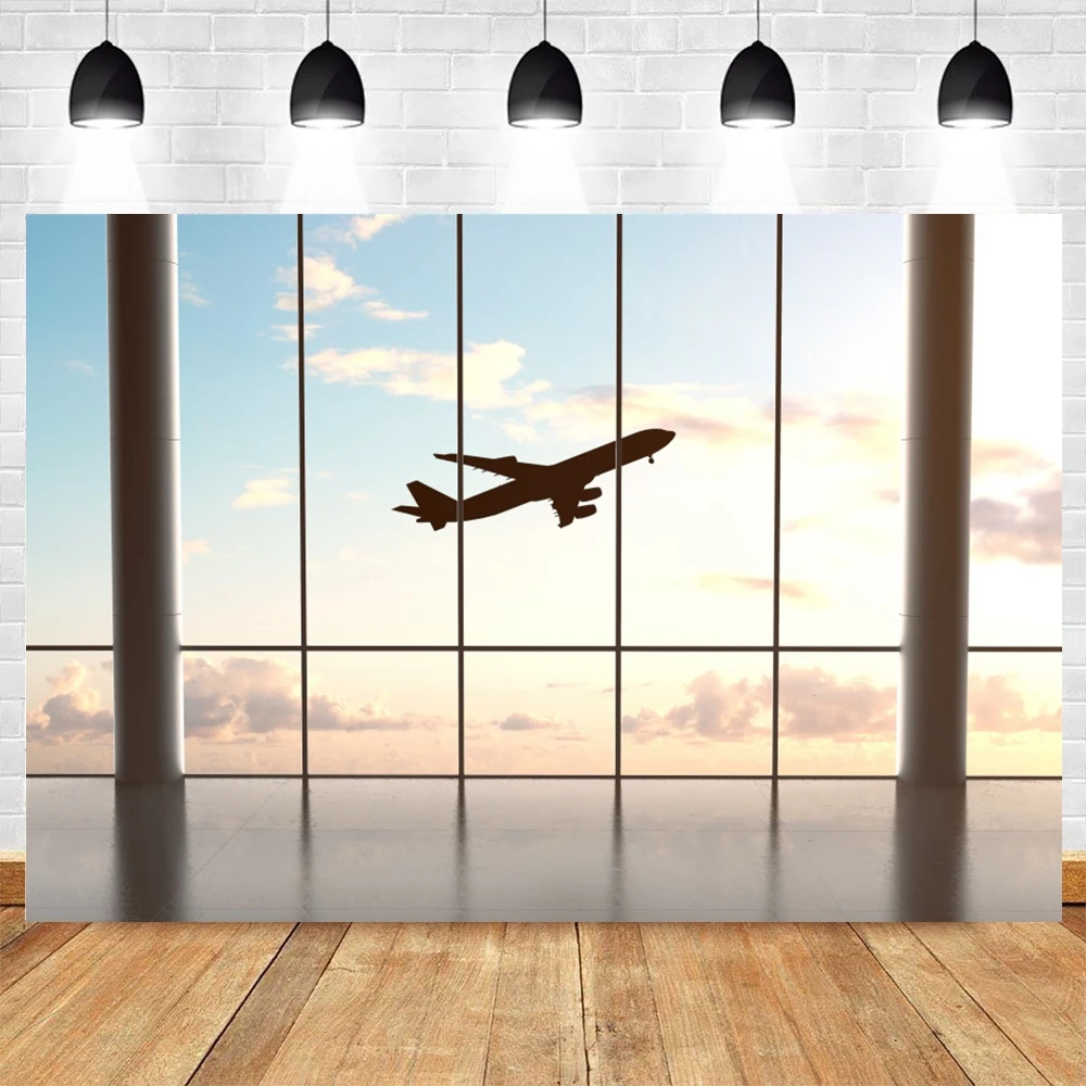 Plane Take Off French Window Photography Backdrop Airport Waiting Room Poster Baby Portrait Photographic Background Photo Studio