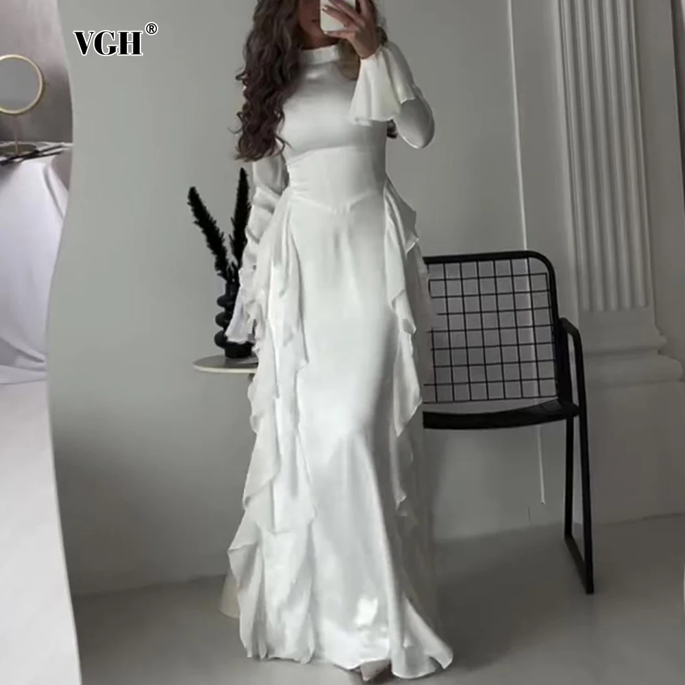 

VGH Solid Patchwork Ruffles Elegant Dresses For Women Stand Collar Butterfly Sleeve High Waist Slimming Long Dress Female New